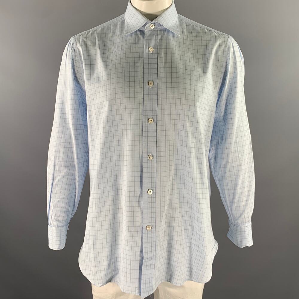 KITON Size L Light Blue Windowpane Cotton French Cuff Long Sleeve Shirt